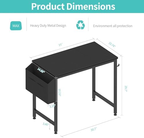 Lufeiya Small Desk for Small Spaces, 32 Inch Kids Girls Study Writing Desks for Bedroom, Simple Modern Laptop PC Little Side Table with Storage Bag Headphone Hooks, Black - Image 3