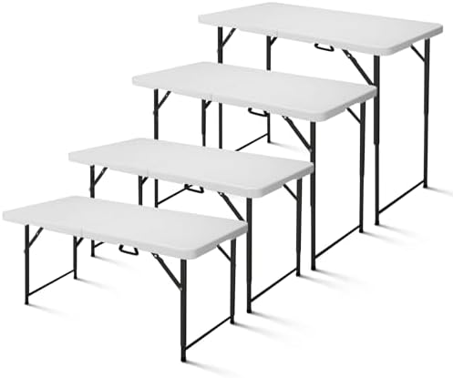 4ft Folding Table, Portable Fold-in-Half Adjustable Height Utility Table for Indoor/Outdoor Use, Durable HDPE & Steel, Stable & Lightweight, Multi-Purpose, White - Image 3