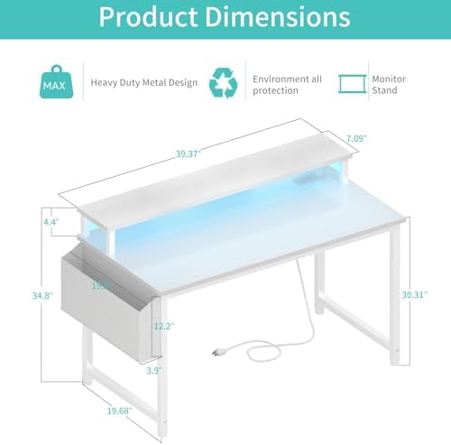 Lufeiya White Computer Desk with LED Lights and Power Outlets, 40 Inch Home Office Desks with Monitor Stand, Teen Writing Study Table Gaming Desk with Charging Station, White - Image 3