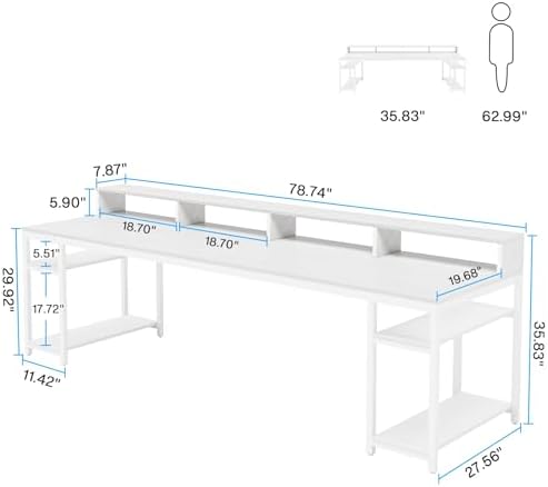 Tribesigns Two Person Desk with Monitor Stand, 78.74" Long Double Computer Office Desk with Storage Shelves, Large Gaming Desk Study Writing Table Workstation for Home Office (White) - Image 2