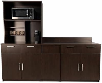BREAKtime Breakroom Cabinet with 4-Door Storage, Trash Bin Compartment & Upper Hutch, Microwave Space, Fully Assembled, 90" W x 24" D x 75" H, Trash Bin Included, Appliances Not Included, Espresso - Image 5