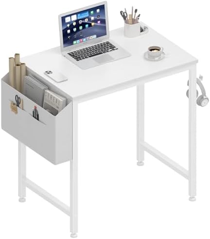 Lufeiya Small White Desk for Small Spaces, 24 Inch Kids Girls Study Writing Mini Desks for Bedroom, Simple Modern Laptop PC Little Side Table with Storage Bag Headphone Hook, White by LUFEIYA