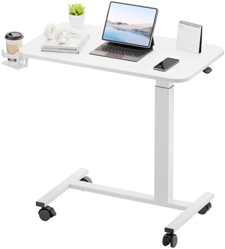 GTPLAYER Small Standing Desk with Wheels, Pneumatic Mobile Rolling Laptop Desk, Adjustable Height Overbed Bedside Table Computer Workstation for Home Office (28" W x 16" D, White) by GTPLAYER