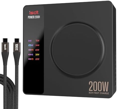 ISDT Power 200H 200W USB C Desktop Charging Station - 4+1 Ports PD3.0 Compatible with MacBook Pro/Air, iPad, iPhone, Galaxy, Pixel with Power Adapter Magnetic Wireless Charger by ISDTOfficial