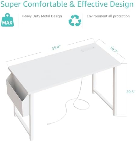 Lufeiya White Computer Desk with Power Outlet, 40 inch Simple Teen Study Table Home Office Work Writing Desks with Charging Station Outlets USB Port Built in, Storage Pocket，White - Image 3