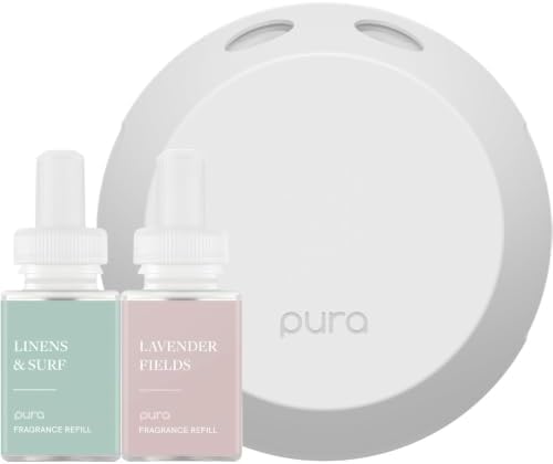 Pura - Smart Home Fragrance Device Starter Set - Pura 4 - Scent Diffuser for Home - Includes Fragrance Aroma Diffuser - Square Box, Linens & Surf and Lavender Fields Scent Refills by Pura