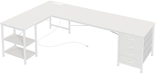 Huuger 63 Inch L Shaped Desk with Fabric Drawers, Reversible Computer Gaming Desk with Power Outlets and USB-C Port, Adjustable Side Storage Shelves, for Work Study Corner Home Office, White by Huuger