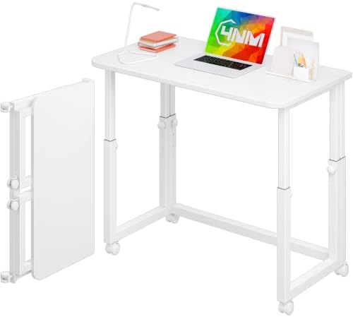 4NM No Tool Assembly 31.5" Small Desk, Folding Portable Desk with Wheels, Adjustable Height Foldable Computer Home Office Desks, Collapsible Study Writing Table for Space Saving Bedroom - All White by 4NM
