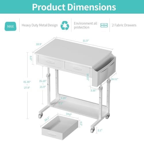 WINAZ Small Rolling Standing Desk with Drawers & Storage, 32 Inch Height Adjustable Desk on Wheels for Teachers, Students, Portable Mobile Workstation for Home Office, Small Spaces, Sewing & Crafts - Image 3