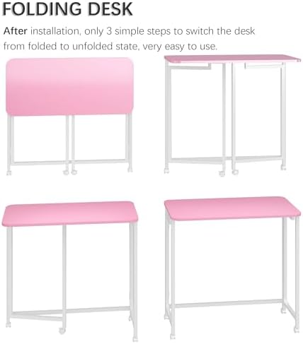 4NM 27.5" Mobile Small Rolling Computer Desk, Folding Laptop Cart Table with Wheels, Portable Office Desk for Small Space Couch Bed - Pink and White - Image 6