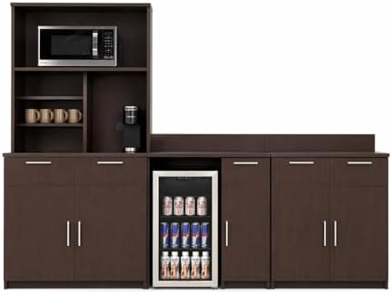 BREAKtime Breakroom Kitchenette Cabinet with 4-Door Storage, Mini Fridge Space & Upper Hutch, Microwave Space, Fully Assembled, 90" W x 24" D x 75" H, Appliances Not Included, Espresso - Image 5