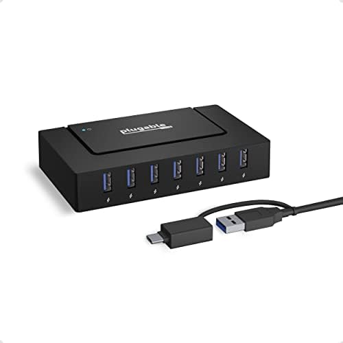 Plugable 7-in-1 USB Powered Hub for Laptops with USB-C or USB 3.0 - Power Station for Multiple Devices and Data Transfer with a 60W Power Adapter, Driverless by Plugable