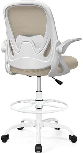 Drafting Chair Tall Office Chair with Flip-up Armrests, Adjustable Height, and Enhanced Lumbar Support - Ergonomic Rolling Stool, Back Support, and Adjustable Foot Rest Ring for Standing Desk Khaki by Primy