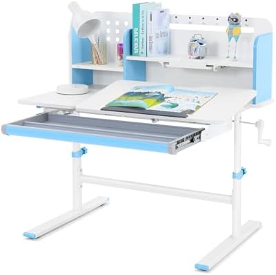 39in Wide Adjustable Height Kids Desk with Tilting Desktop, Bookshelf Hutch by COSVALVE