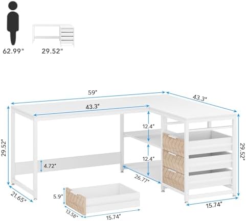 Tribesigns L Shaped Computer Desk with Storage Drawers, 59 inch Corner Desk with Shelves, Reversible L-Shaped Office Desk Study Writing Table Workstation for Home Office, White - Image 2