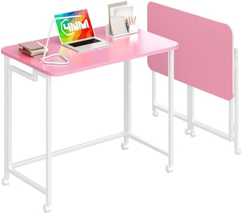 4NM 27.5" Mobile Small Rolling Computer Desk, Folding Laptop Cart Table with Wheels, Portable Office Desk for Small Space Couch Bed - Pink and White by 4NM
