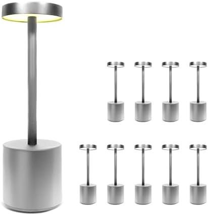 10 Pack - Silver Rechargeable Cordless Table Lamps, Portable LED Desk Lamps, Dimming 5000mAh Rechargeable Battery Powered LED Lighting for Restaurant,Bar, Bedroom, Outdoor, Party by UpperMidlandProducts