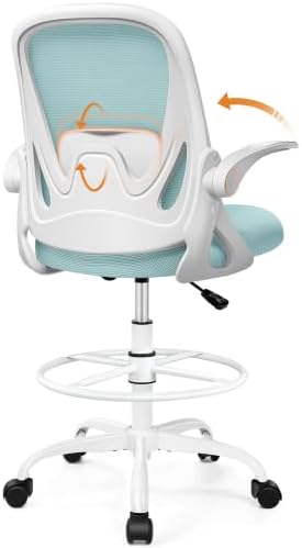 Drafting Chair Tall Office Chair with Flip-up Armrests, Adjustable Height, and Enhanced Lumbar Support - Ergonomic Rolling Stool, Back Support, and Adjustable Foot Rest Ring Light Blue by Primy