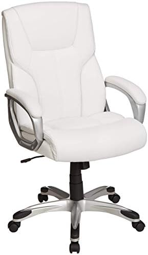 Amazon Basics Executive High Back Office Desk Chair, Adjustable Height, Tilt, Swivel, 275lb Capacity, Bonded Leather, White/Pewter by AmazonBasics