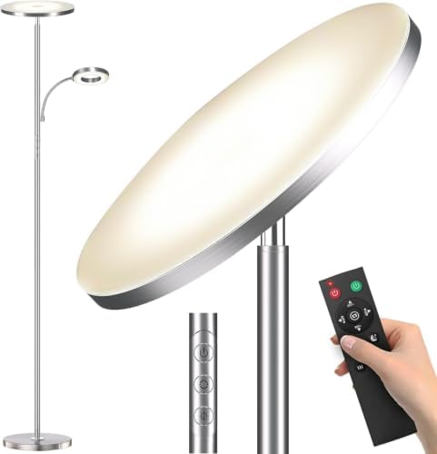 marctronic Brushed Nickel Floor Lamp, 42W 4000LM Brightest LED, Smooth Metallic Body & Anti-Glare, Dimmable Remote/Touch Floor Lamp for Bedroom/Study by Marctronic