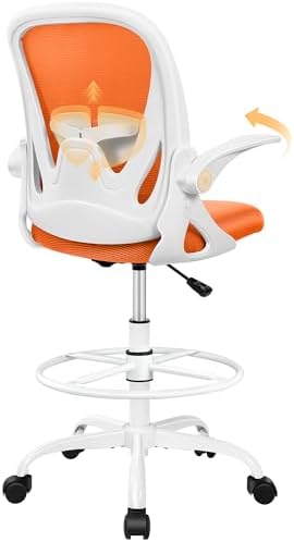 Primy Drafting Chair Tall Office Chair with Flip-up Armrests Executive Ergonomic Computer Standing Desk Chair with Lumbar Support and Adjustable Footrest Ring (Sunset Orange) by Primy