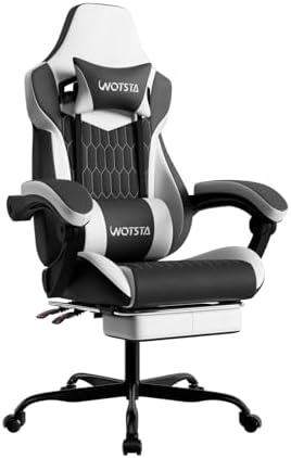 Gaming Chair with Footrest, High Back Gaming Chairs PVC Leather Ergonomic Gamer Chair with Adjustable Headrest Lumbar Support Racing Style Video Gaming Chair for Office/Home (Black White) by WOTSTA