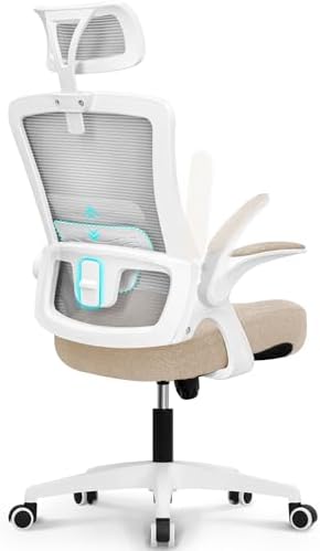 NEO CHAIR Office High Back Mesh Headrest Adjustable Height and Ergonomic Design Home Office Computer Desk Executive Lumbar Support Padded Flip-up Armrest Swivel (Beige) by NEOCHAIR