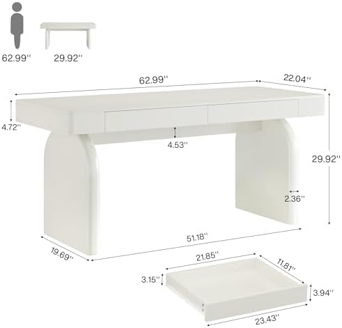 Tribesigns White Desk with Drawers, 63-Inch Modern Executive Office Desk, Glossy Elegant Work Study Writing Table for Home Office, Cream White - Image 2