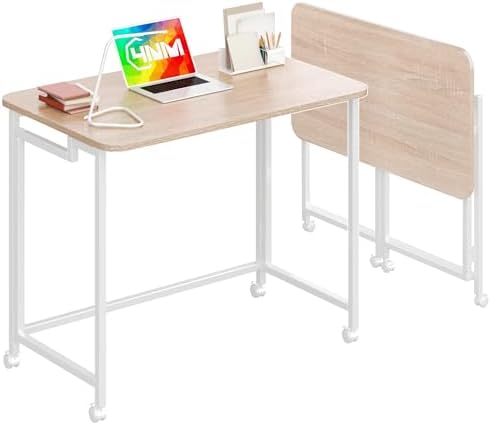 4NM 31.5" Mobile Small Rolling Computer Desk, Folding Laptop Cart Table with Wheels, Portable Office Desk for Small Space Couch Bed - Natural and White by 4NM