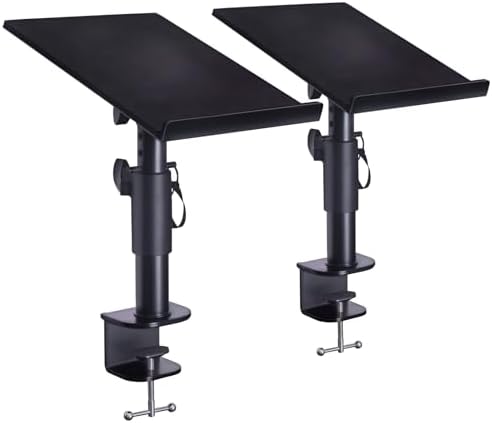 Liquid Stands Studio Monitor Stands - Music Studio Desktop Speaker Stand - 2 Pack 12x9 Clamp-on Adjustable Short or Tall Speaker Support for Music Booth Desk Audio Monitor Stand Mount with Tilt by LiquidStands