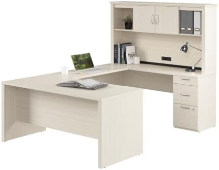 Bestar U or L Shaped Desk with Hutch & Drawers, White Chocolate, Logan, 66W by Bestar
