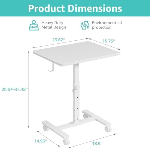WINAZ Small Portable Rolling Desk Adjustable Height, 24 Inch Mobile Laptop Desk with Wheels for Dorm Room, C-Shaped Table for Sofa and Bed Side, Study Table for Students, White - Image 3