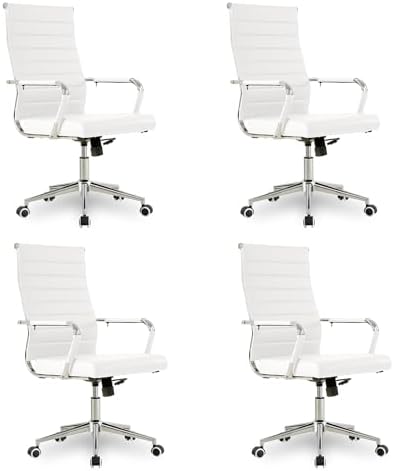 Okeysen Office Desk Chair, Ergonomic Leather Modern Conference Room Chairs, Executive Ribbed Height Adjustable Swivel Rolling Chair for Home Office Set of 4. (White) by Lepdep