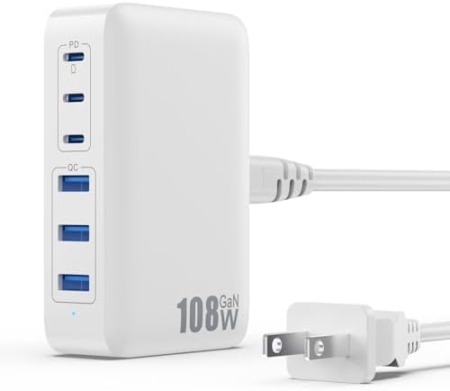 USB C Charger Block Charging Station,108W GaN III 6 Port 3xQC+3xPD Wall Charger Adapter Plug Cube,Super Fast Type C Charging Hub Box for iPhone 17 16 15 14 13 Pro Max iPad Samsung Pixel 5ft Cord-White by GKUTW