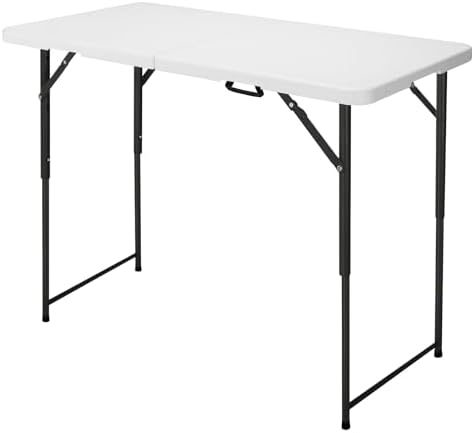 4ft Folding Table, Portable Fold-in-Half Adjustable Height Utility Table for Indoor/Outdoor Use, Durable HDPE & Steel, Stable & Lightweight, Multi-Purpose, White by OutdoorOasisFurniture