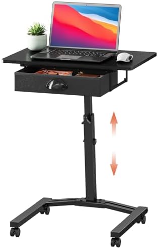 Rolling Adjustable Height Computer Desk With Drawers, Small Mobile Laptop Desk Cart On Wheels For Small Spaces Home Office, Portable Sitting Laptop Table For Bed Couch Load Up To 60LBS, Sturdy, Black by Cidaziya