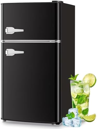 Mini Refrigerator with Freezer Small Fridge Double Door Side Drink Holder Adjustable Glass Shelves, Plastic Crisper, 7 Level Temperature Control for Bedroom, Office, Apartment Black by TACOOL