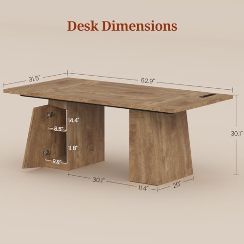 UPOSOJA 63 in Executive Desk with Power Outlets, Modern Home Office Desk with Storage Cabinet, Wood Computer Desk Business Workstation Desk Conference Table (Oak) - Image 2