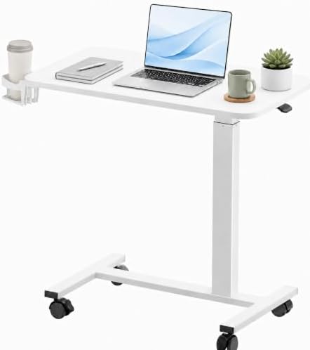 GTPLAYER Small Standing Desk with Wheels, Pneumatic Mobile Rolling Laptop Desk,Adjustable Height Overbed Bedside Table Computer Workstation for Home Office (28" W x 16" D, Ivory White) by GTPLAYER