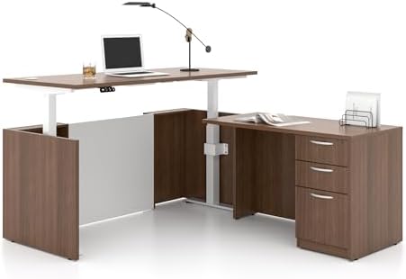 L-Shaped Executive Office Standing Desk with Pre-Assembled Frame & Lockable File Cabinet, Dual Motor Height Adjustable Electric Sit Stand Desk, Programmable Controller, Walnut/White - Image 3