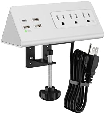 Nightstand Edge Mount Power Strip with USB-C Ports Tabletop Surge Protector Desk Clamp Power Sockets with 3 AC Outlets &4 Fast Charging USB Ports for Home Office Hotel and Dormitory by Emerising