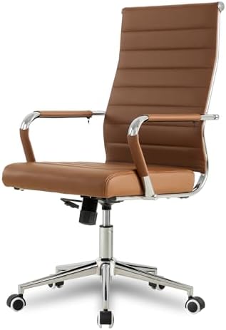 Okeysen Office Desk Chair, Ergonomic Leather Modern Conference Room Chairs, Executive Ribbed Height Adjustable Swivel Rolling Chair for Home Office Set of 1. (Brown) by Lepdep