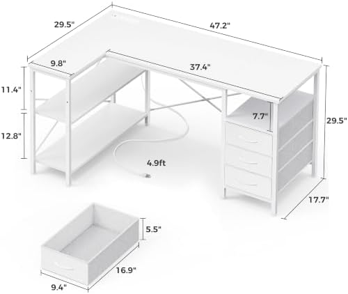 Huuger L Shaped Office Desk with Power Outlets & 3 Drawers - Image 3