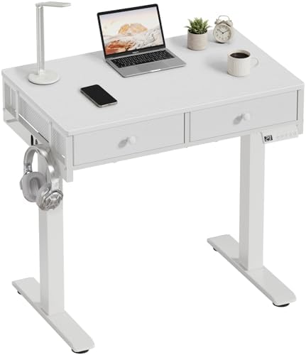 White Electric Standing Desk with Drawers, 32 Inch Small Adjustable Desk with Storage, Stand Up Computer Study Writing Desks for Small Space Home Office Bedroom, Sit Stand Work Desks for Walking Pad by Unknown