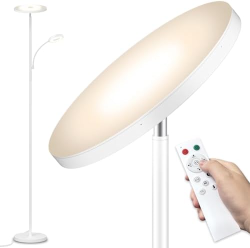 marctronic White Floor Lamp, 42W 4000LM Super Bright LED Room Lamp with Adjustable Reading Light,Dimmable Modern Standing Lamp with Remote & Touch Control for Room Bedroom Office Floor Light by Marctronic