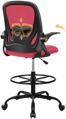 Primy Drafting Chair Tall Office Chair with Flip-up Armrests Executive Ergonomic Computer Standing Desk Chair with Lumbar Support and Adjustable Footrest Ring (Fire Brick) by Primy