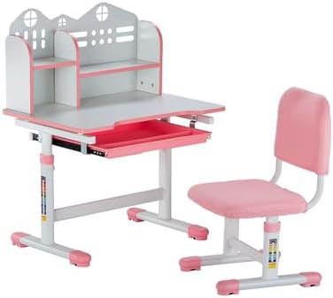 VEVOR Kids Study Chair and Desk Set, Study Desk and Chair for Kids with Bookshelf and Storage Drawer, Adjustable Height Kids Study Desk with Chair, Children Study Table for Bedroom & Study Room, Pink by VEVOR