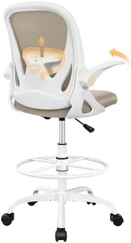 Primy Drafting Chair Tall Office Chair with Flip-up Armrests Executive Ergonomic Computer Standing Desk Chair with Lumbar Support and Adjustable Footrest Ring（Khaki） by Primy