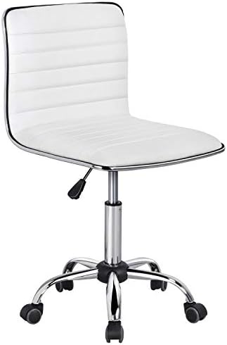 Yaheetech White Armless Vanity Desk Chair with Wheels, Ribbed PU Leather by Yaheetech