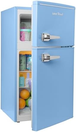 West Bend Mini Fridge with Freezer for Bedroom, Office, Bar or Dorm Room, Retro Compact Refrigerator features Glass Shelves, Manual Defrost and Adjustable Temperature Control, 3.1-Cu.Ft., Blue by WestBend